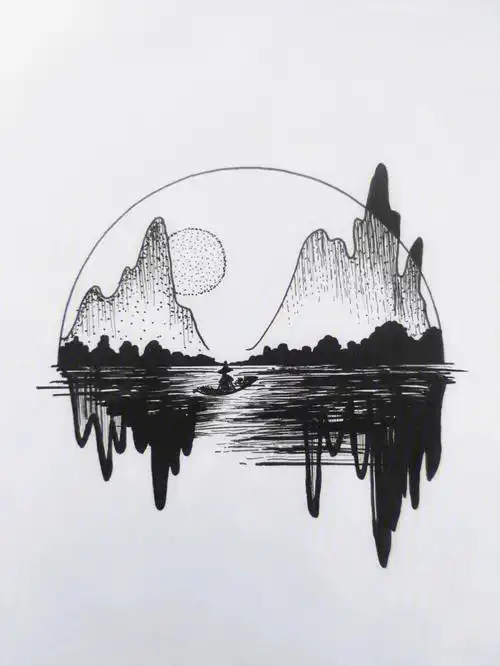 针管笔线描风景69画中有诗61山水含清晖