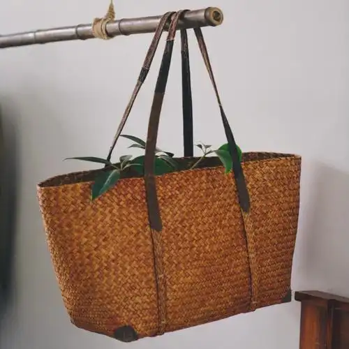 手缝柿染蒲草编篮子野餐好物大容量