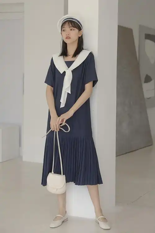 迪悠2019新款日系少女风韩版宽松娃娃领中长款连衣裙夏款女