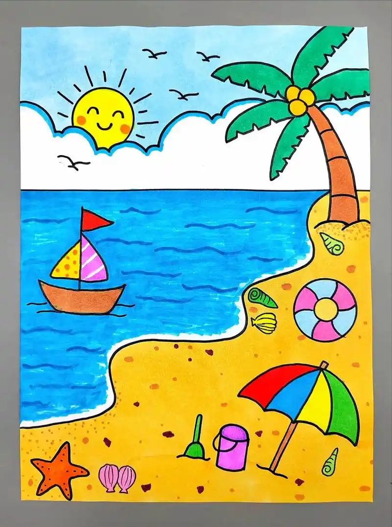 捡贝壳#图文伙伴计划 #夏天主题画 #夏日海滩简笔画 #海滩风景画