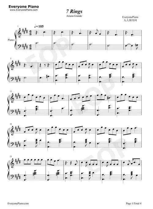 7 rings-ariana grande-钢琴谱文件(五线谱,双手简谱,数字谱,midi,pdf