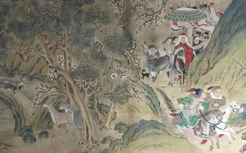 赵雍款围猎图设色绢本老裱手卷