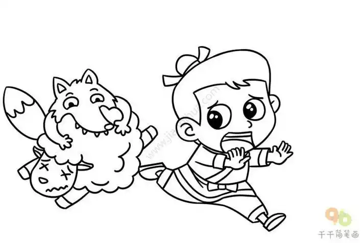 狼来了情景简笔画小男孩快躲开儿童画简笔画