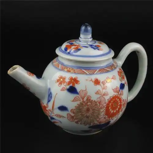 清代康熙雍正五彩青花矾红描金茶壶回流保真古董老瓷器并蒂菊花