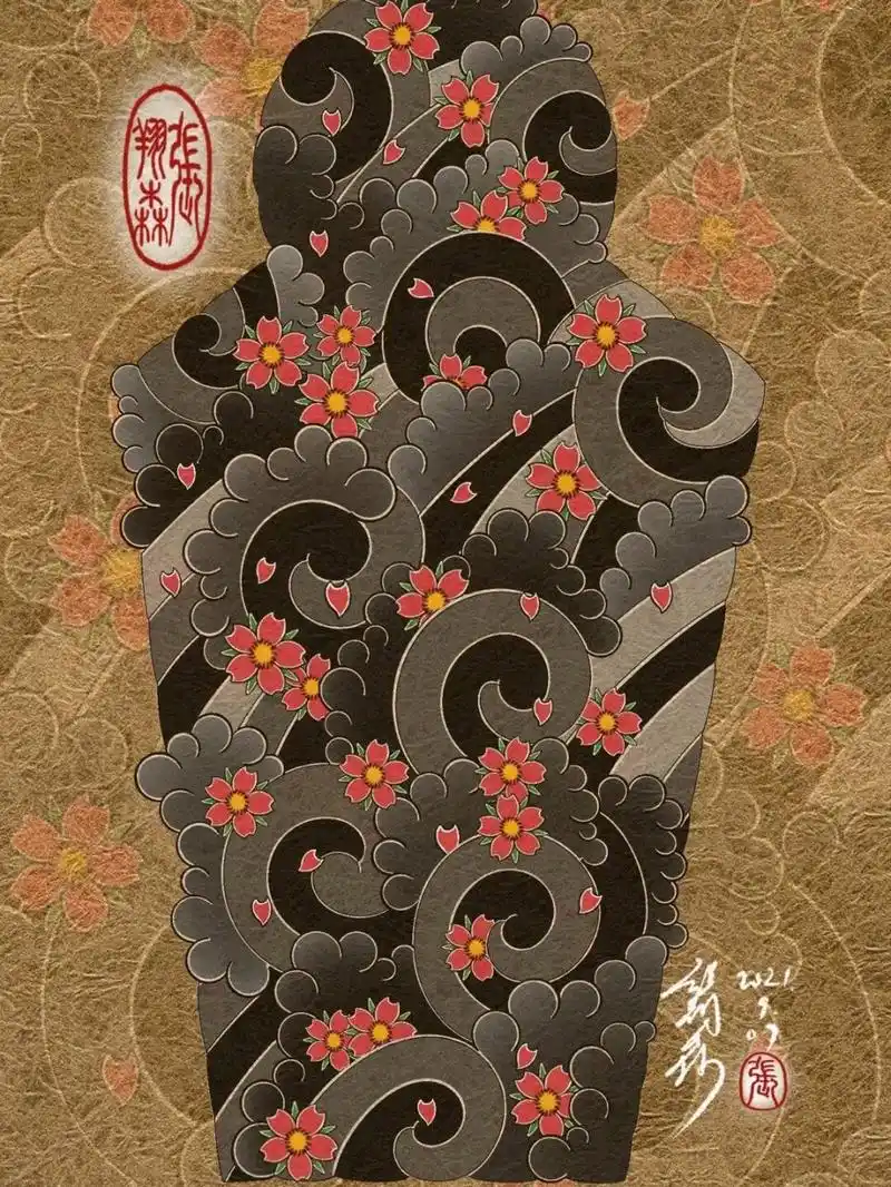 樱花臂纹身手稿 画了个樱吹雪的稿子,说是樱花臂,其实更适合纹在腿上
