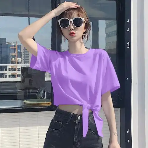 紫色t恤短款短袖纯棉上衣女半袖新款高腰露脐纯棉短装玫红色夏装