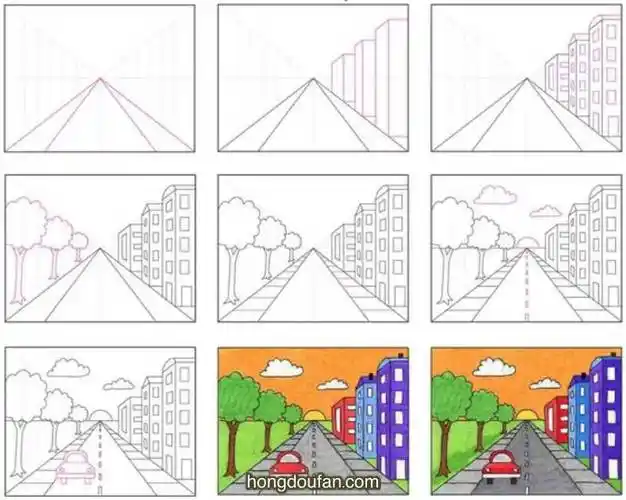 一步一步学习画城市的街道!街道大马路简笔画大全 | 红豆饭小学生简笔