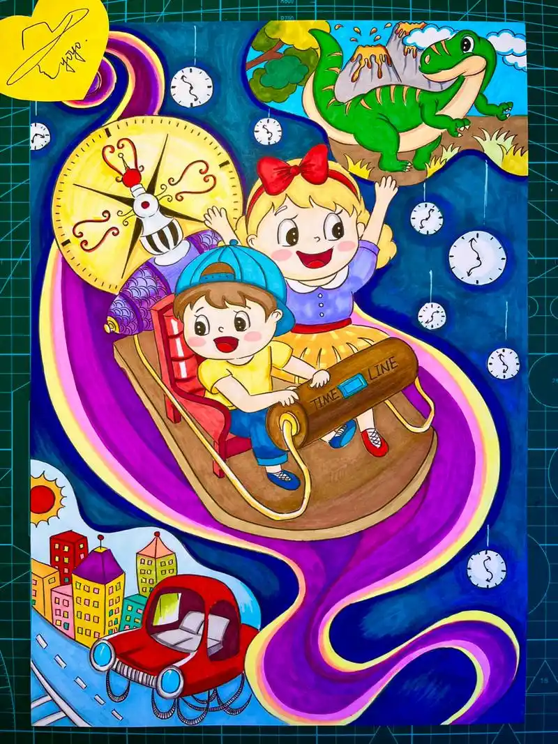 乘上时光机一起去旅行手绘儿童科幻画 线稿9315购 可通过店铺链接