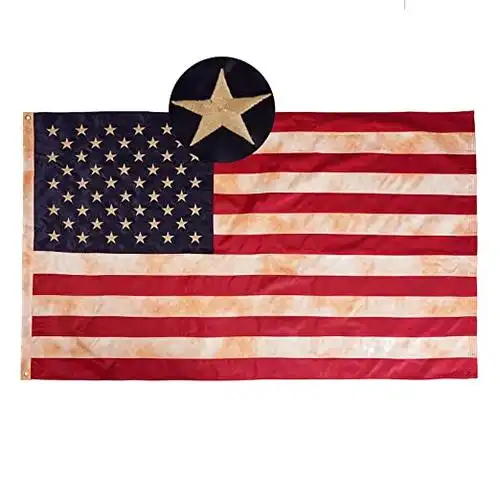 flagolden 复古茶色美国国旗 3x5 英尺美国制造 - 刺绣星星双缝线条纹