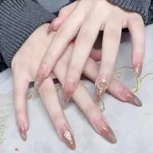 网红爆款透红裸粉显白长款美甲吊坠细亮片渐变穿戴甲成品甲片手工