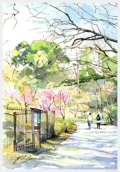 日本水彩画家清新淡雅的钢笔淡彩