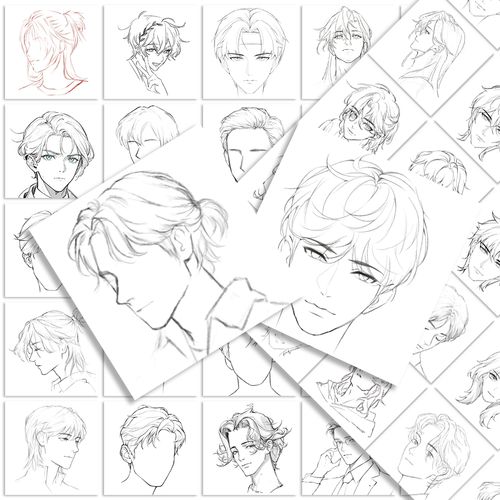 62张二次元男性发型手绘贴纸美术生练习素材笔记本装饰防水贴画