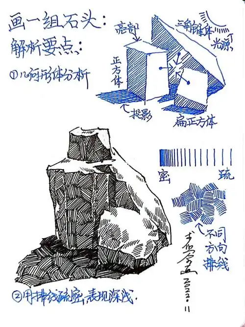 速写‖一组石头画法解析(96过程步骤)