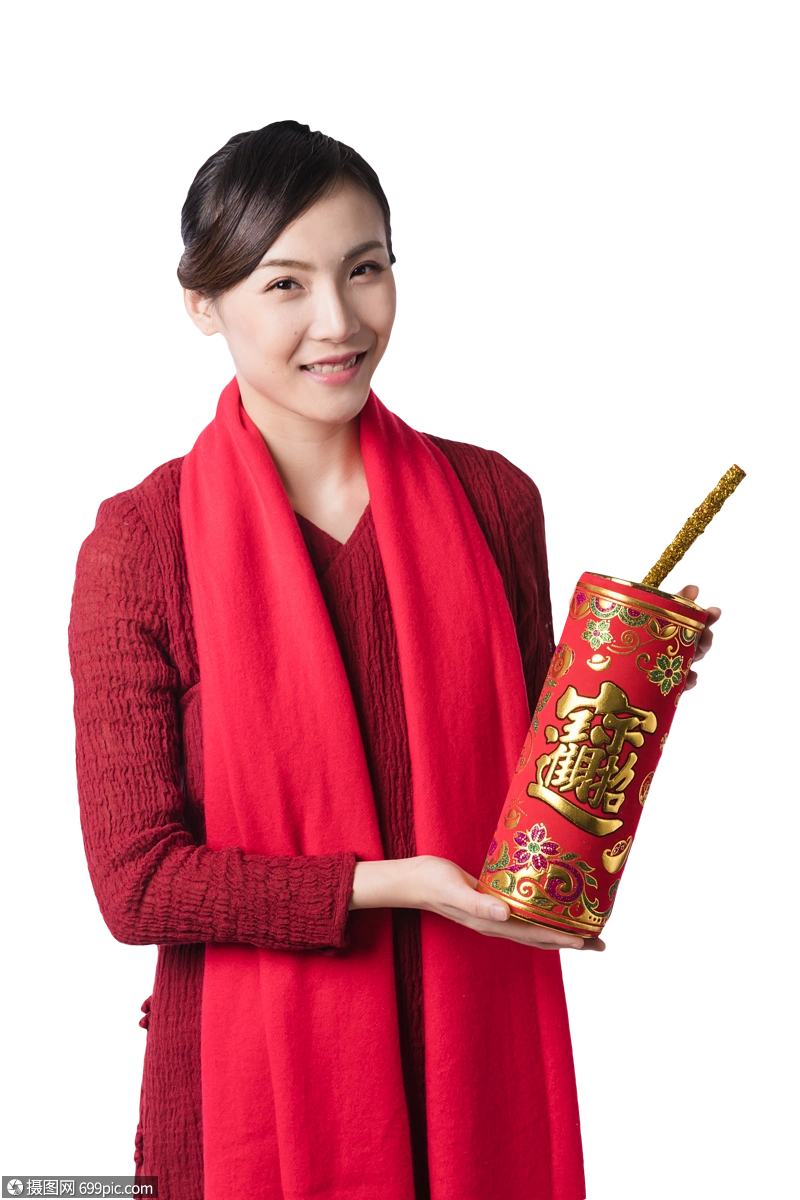 新年汉服美女手拿礼炮东方人祝贺