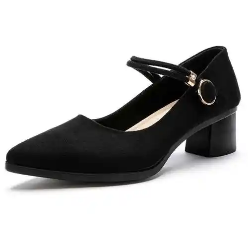 春秋新款工装女单鞋老北京布鞋黑色职业上班鞋时尚尖头粗跟工作鞋