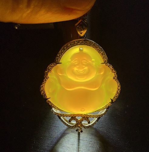 杨玉家天然黄龙玉冰种帝王黄满色镶嵌大肚弥勒挂件颈饰