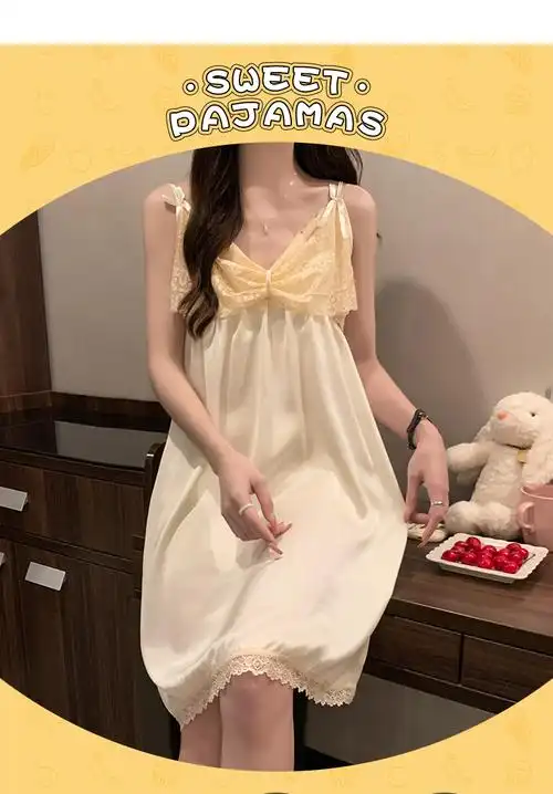 v领吊带睡裙女夏季带胸垫性感冰丝睡衣夏天仿真丝蕾丝花边家居服 - 17