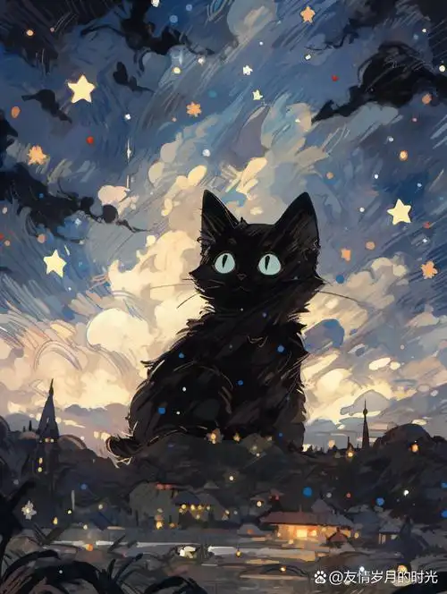 黑色猫咪 星空下的暗夜精灵