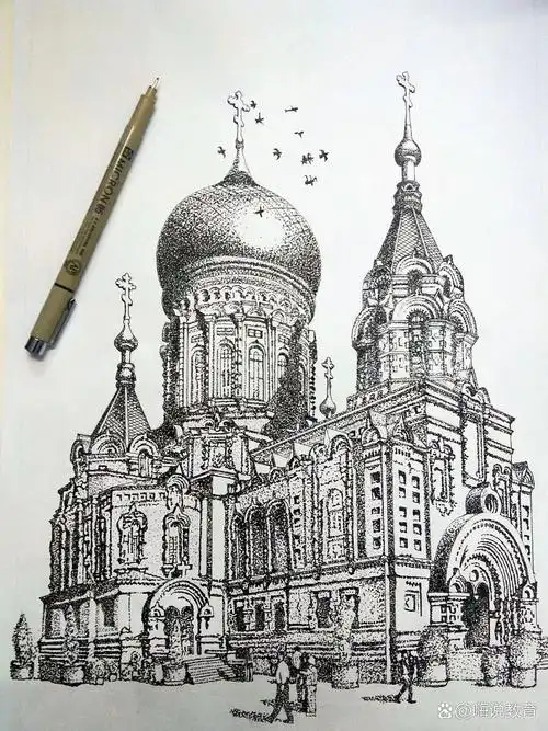 周末写生～ 哈尔滨圣索菲亚教堂 #写生# #建筑手绘# #速写# #钢笔建筑