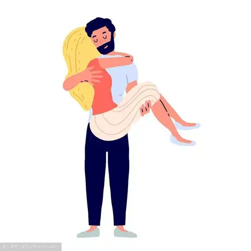 一对恩爱的情侣,男人抱着他的女朋友.卡通矢量插图上的白色背景.