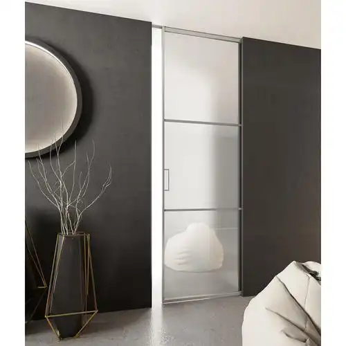 黑色铝框入口门磨砂玻璃低轨道推拉门卧室