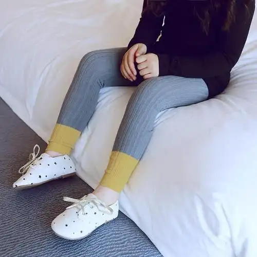 828新款春秋薄款纯棉拼色儿童九分裤袜双针宝宝打底裤袜紧身女童连