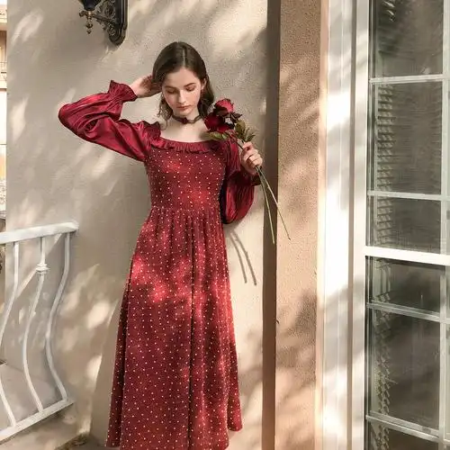 mqueen复古赫本风波点拼接荷叶袖连衣裙收腰裙子秋装2020款女5003