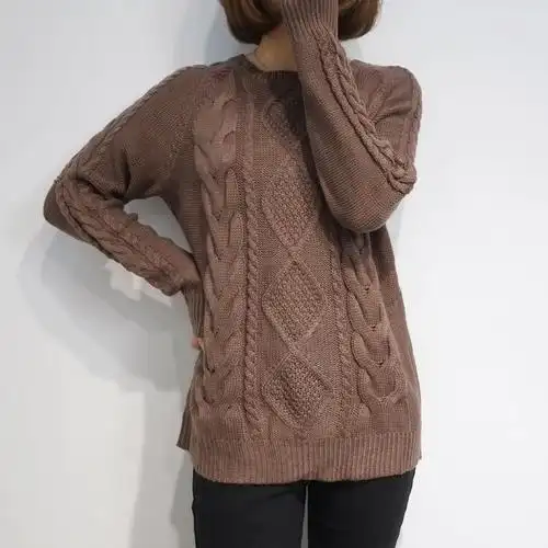 秋冬圆领长袖直筒麻花纯色套头针织衫打底毛衣女