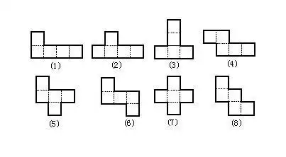 将展开图按最长一行有多少个正方形(纸箱的面)来分类,可以分为三类: &