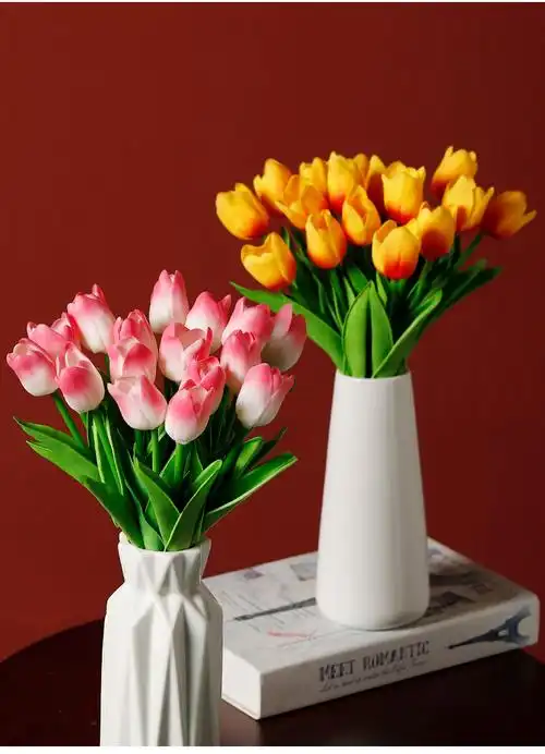 郁金香假花仿真花花束客厅插花装饰品电视柜餐桌白色陶瓷花瓶摆件白瓷