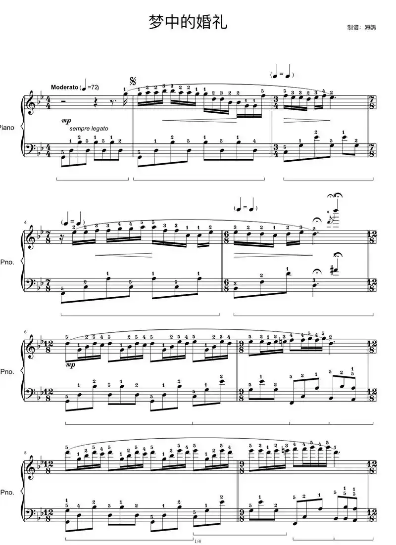 《梦中的婚礼》降b调 五线谱 指法.#钢琴谱 - 抖音