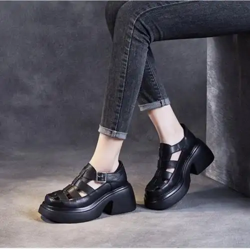 厚底真牛皮松糕底女时尚2024春季新款复古罗马凉鞋休闲圆头乐福鞋