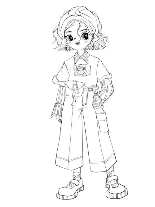 速写10378原创人物穿搭线稿女生站姿