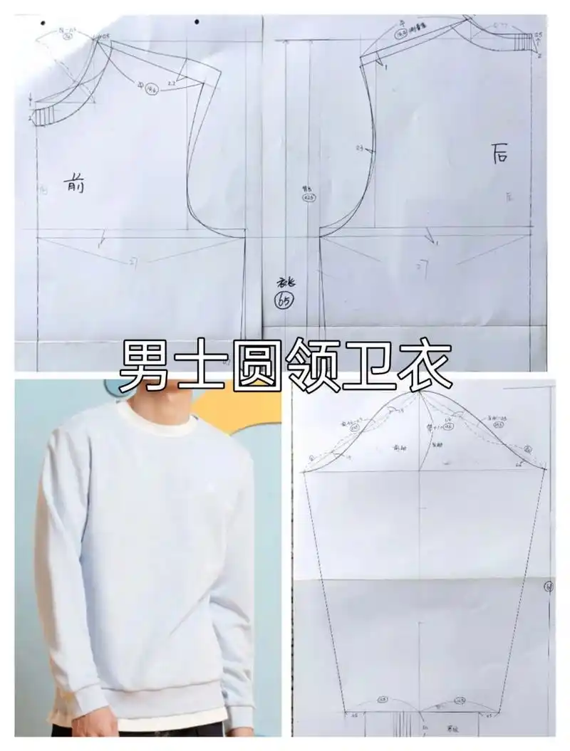 男士圆领卫衣裁剪图170码(原型制图) 参考数据图 1.
