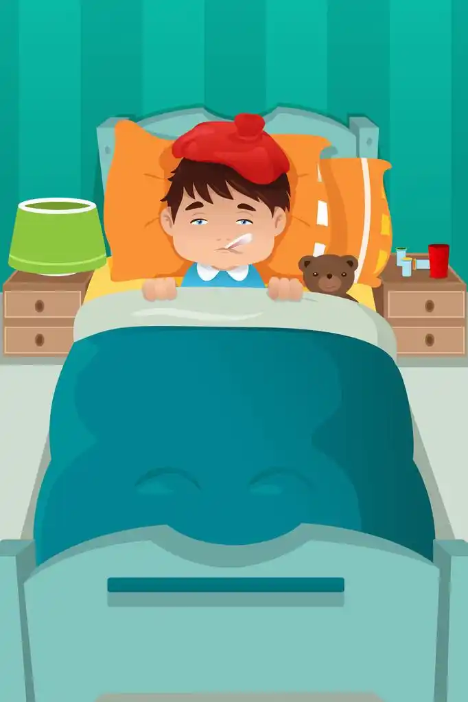 生病的孩子休息,a vector illustration of sick boy resting on bed