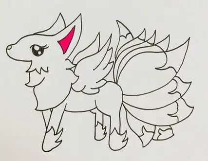 第四步: 画出尾巴的末端线条,将九尾狐的眼睛涂黑,耳朵内侧涂上红色.