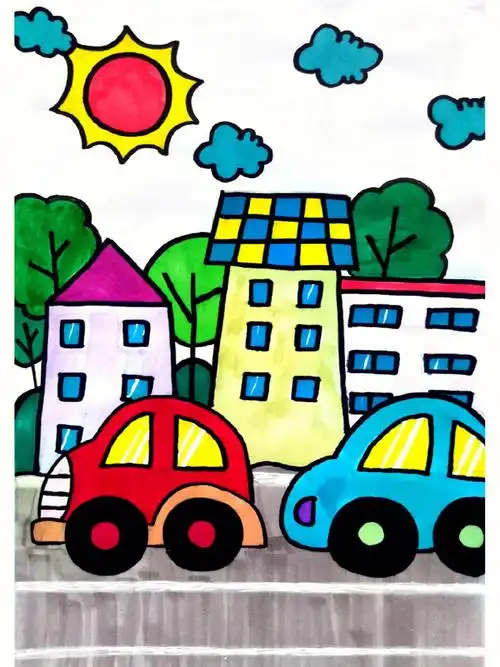 小汽车简笔画热闹的马路