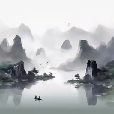 古风水彩水墨山水画中国风风景壁纸飞鸟古典山水画祥云国潮山水云雾