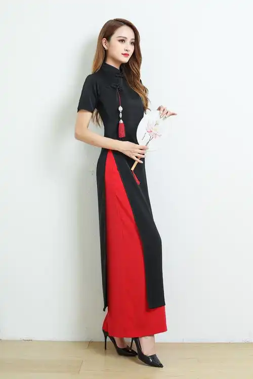 奥黛旗袍走秀演出服女阔腿裤套装中国风年轻款长款仪态优雅练习服