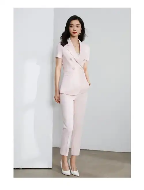雨萌雅 女律师正装感精英职业套装夏季短袖西装九分裤两件套 粉色西装