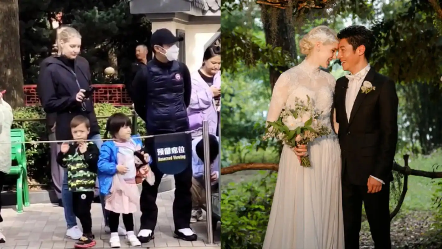 撒贝宁一家4口出游,龙凤胎正脸罕见曝光,外国洋娇妻白到发光