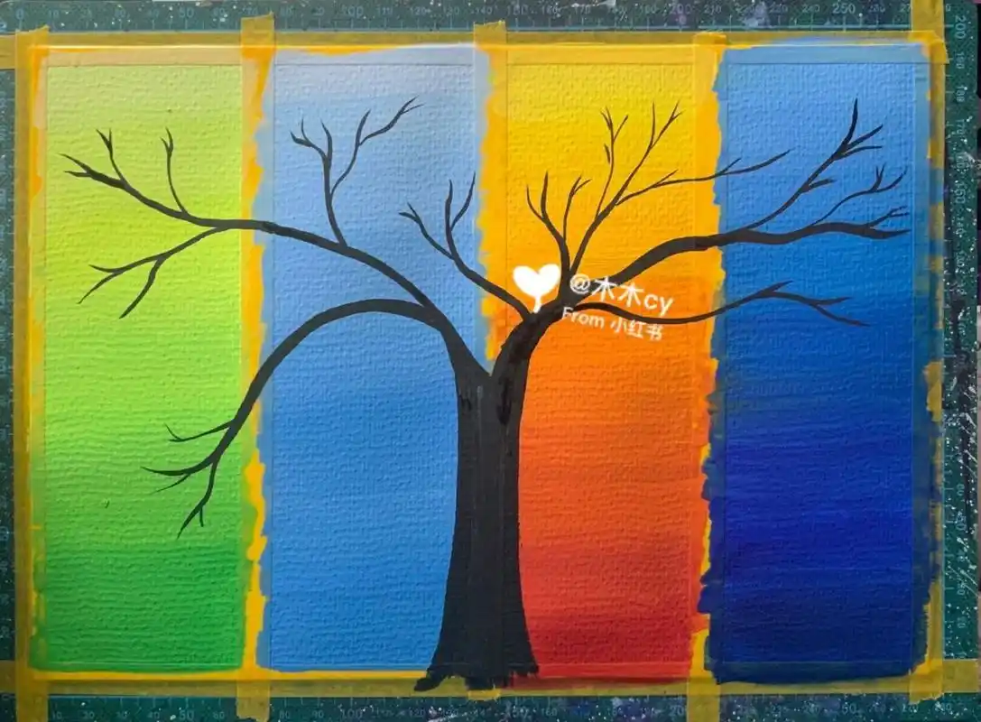 水粉风景～春夏秋冬(步骤) 纸张a4  ,纸胶是1cm的,平均分出四个长方形