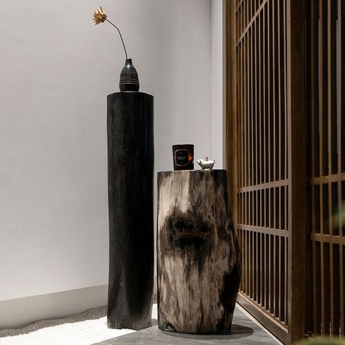 轻奢木化石摆件高石礅子新中式家居创意柱子设计装饰品玄关组合