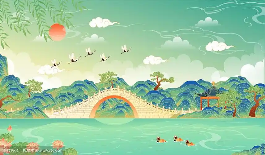 国潮风江苏扬州瘦西湖二十四桥矢量插画