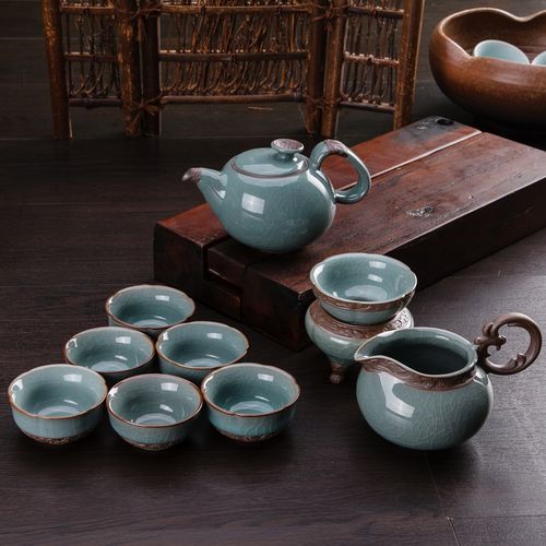 茶锦记  哥窑茶具套装 陶瓷 天青哥窑雕塑功夫茶具套装 福住人家 贤人