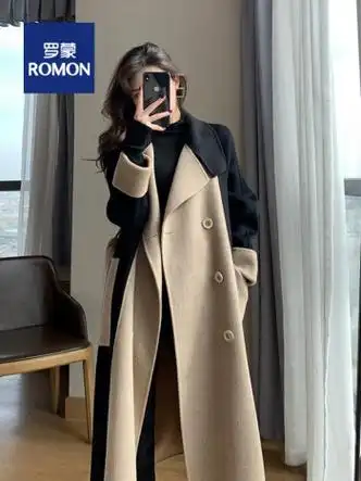 女装毛呢大衣女2022冬季新款妮子大衣中长款黑驼拼接韩版宽松洋气风衣