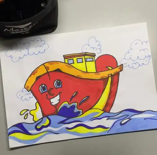 交通工具主题画轮船简笔画马克笔画