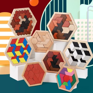 木制智力拼图几何六边形拼图拼板成人儿童益智玩具孔明锁