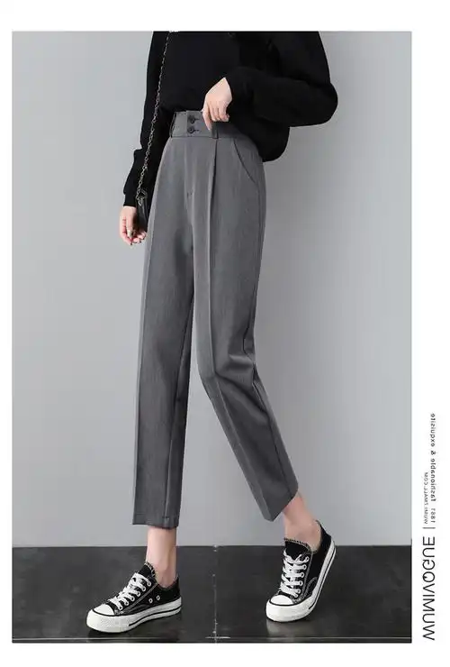 灰色西装裤女夏季直筒宽松春秋小个子九分休闲哈伦萝卜烟管女裤子