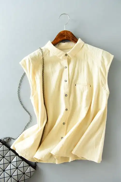 韩范无袖棉麻衬衣 学院风无袖棉麻衬衣 简约百搭无袖棉麻衬衣